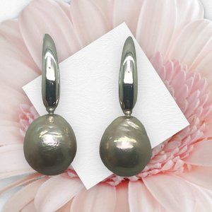 Honora Silver Grey Nucleated Baroque Fresh Water Pearl Hoop Dangle Earring